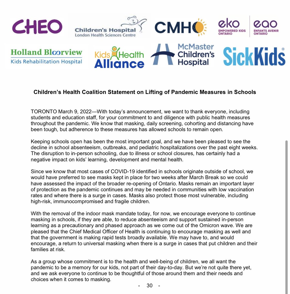 NEW: The Children’s Health Coalition is encouraging “everyone to continue masking in schools” and say they would have “preferred to see masks kept in place for two weeks after March break.”

#onpoli