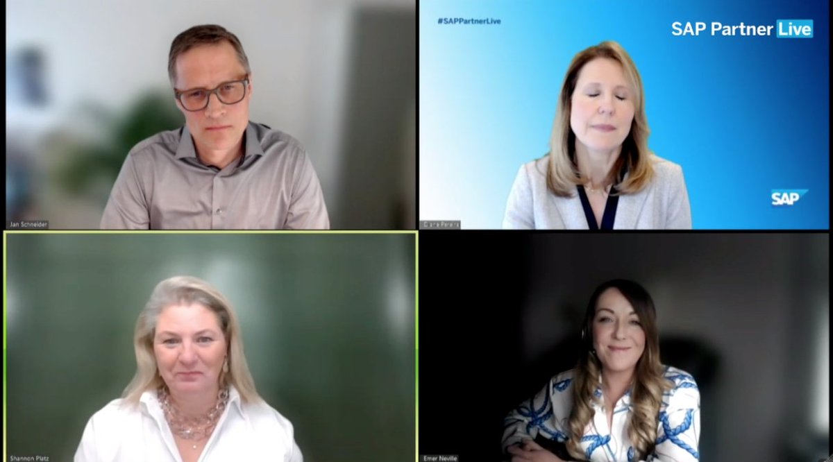 Truly honored to participate in this expert live session with <a href="/EmerNeville/">Emer Neville</a>, @DianePereira23 and <a href="/JanSchneiderSAP/">Jan Schneider</a> during #SAPPartnerLive today! My advice for @SAPPartners: be BOLD and focus on growth areas!

#SAPBTP #VirtualEvent #Innovation #analytics #DigitalTransformation