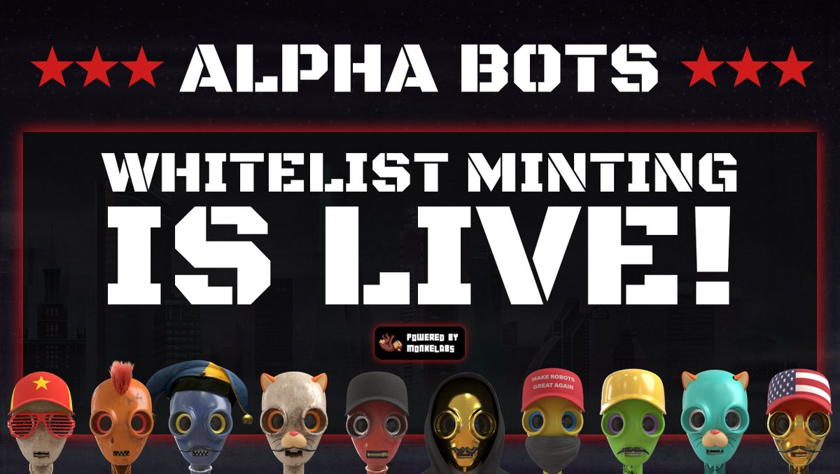 AlphabotsNFT's tweet image. 🚨 Whitelist minting is live on @monkelabs 👉alpha-bots.monkelabs.io 🚨

If you&apos;re one of the 2500 on the whitelist, you can now head over there and mint your 2 x #AlphaBotsNFT before the public sale tonight! LFG 🚀🤖

#SolanaNFTs #Solana
