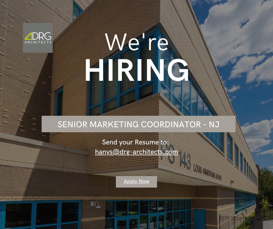 DRGarchitects's tweet photo. DRG is currently looking for a Senior #Marketing Coordinator in our NJ office! Join an award-winning #architecture firm with over 50 yrs of industry exp &amp; become part of the #DRGdifference! Head to our careers page to learn more!  https://t.co/rBVRwLqUbh
#hiring #AECmarketing https://t.co/jbweLwhC8I