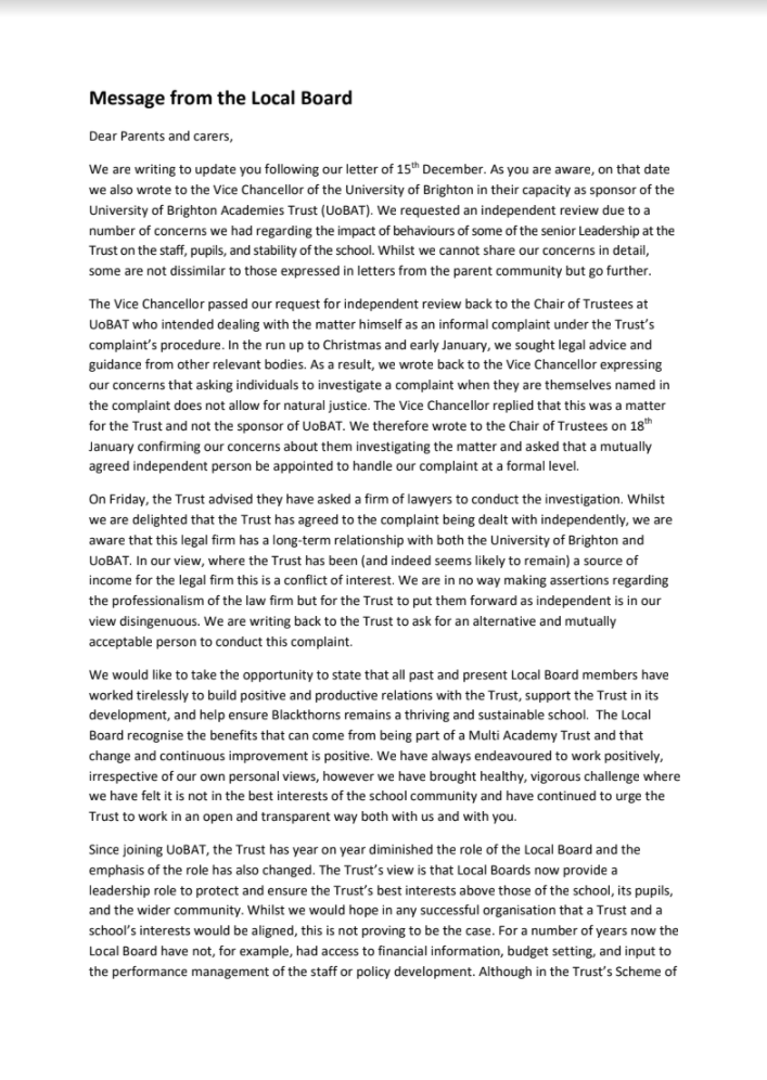 PBlackthorns's tweet photo. @warwickmansell @UOBAcademies Yes, as a whole community we are pursing getting an independent review into UoBAT's actions and behaviours. Their actions are irresponsible and have created real instability. This is our Local Board's most recent update which really highlights the complete breakdown of trust. https://t.co/ALW6cRCYLu