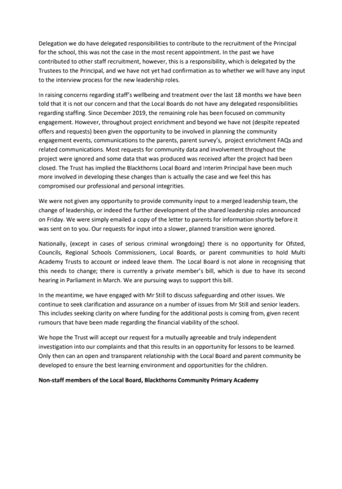 PBlackthorns's tweet photo. @warwickmansell @UOBAcademies Yes, as a whole community we are pursing getting an independent review into UoBAT's actions and behaviours. Their actions are irresponsible and have created real instability. This is our Local Board's most recent update which really highlights the complete breakdown of trust. https://t.co/ALW6cRCYLu