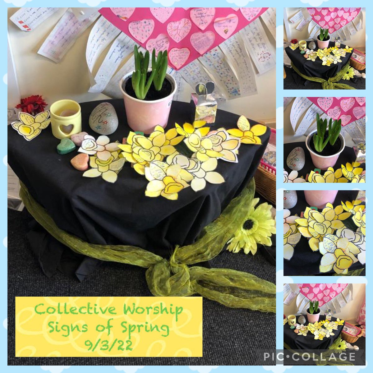 4H_MrsHodge's tweet photo. What a beautiful worship table set for the thoughtful class reflections on the Signs of Spring. 🌼🌸🌻#MakeADifference #ReOLOL #LiveLiveLearn @ololprimary_HT @ololprimary https://t.co/HVzwoTmHQO
