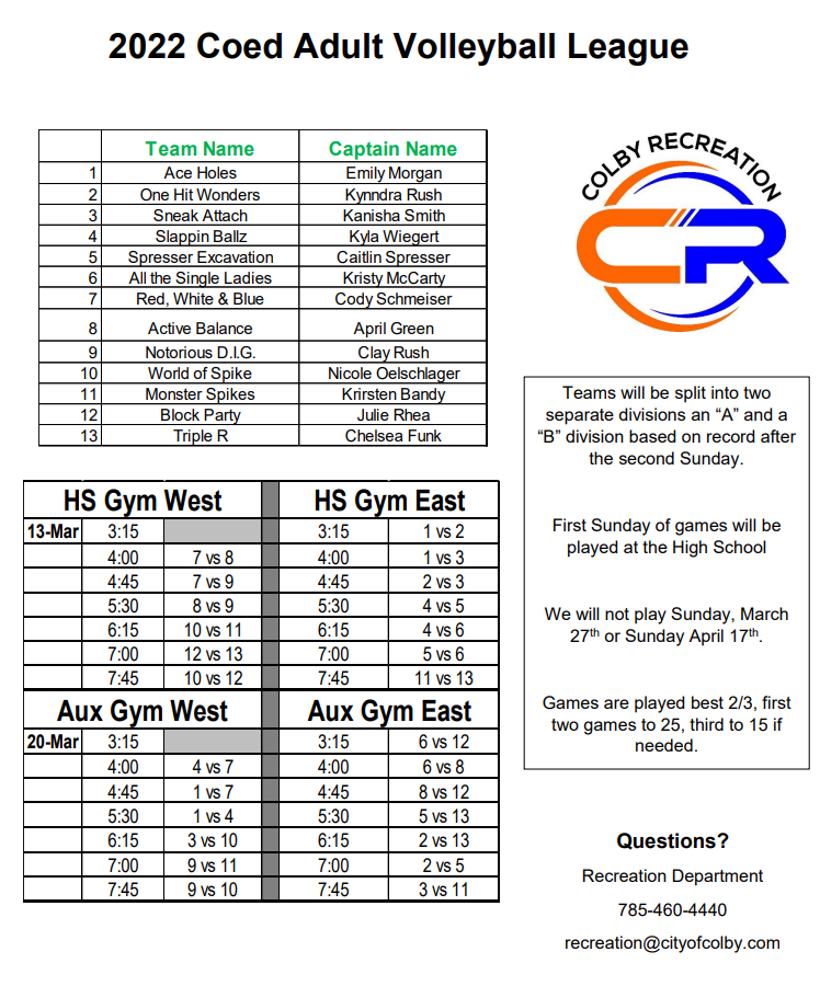 Attached is the schedule for our Spring Adult Volleyball League. Please share with those you know are playing and let us know if you have any questions! A handbook with rules and regulations has been emailed to all team managers.