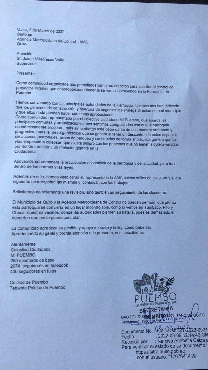MiPuembo's tweet photo. Estimados @amcquito, agradecemos una pronta respuesta a oficio ingresado el día de hoy! #Puembo también es parte de Quito, aún.  Gracias RT @SevillaRoque @freire_molina @DiegoViveroL @mayfe711 @monasanchezga @luisevivanco https://t.co/c2aeawP6Si