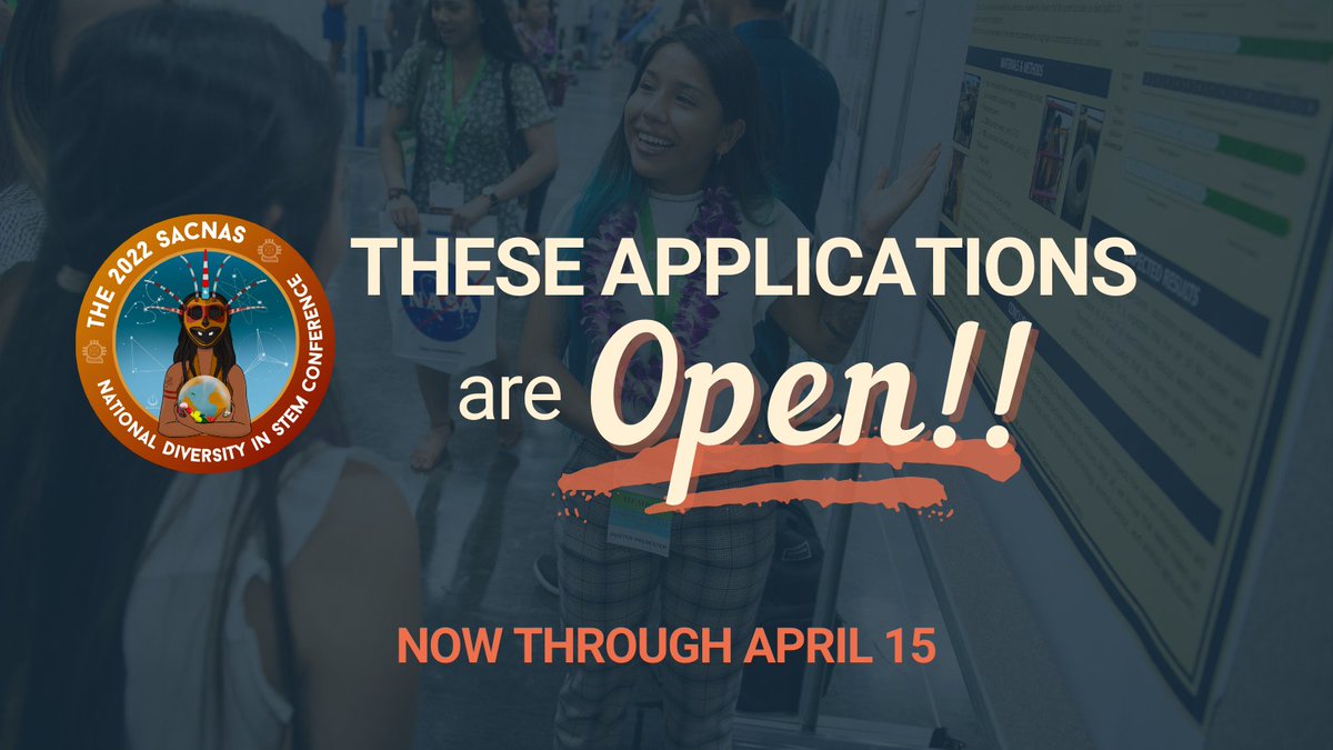 SACNAS's tweet photo. It's official! These applications are OPEN for #2022NDiSTEM:
✅ Research Presentations: https://t.co/XLCo6m5vzh
✅ Travel Scholarships: https://t.co/FtzqIqNO2n

#STEM Students, apply to join us at the conference in Puerto Rico! https://t.co/a0LJkeiiKT