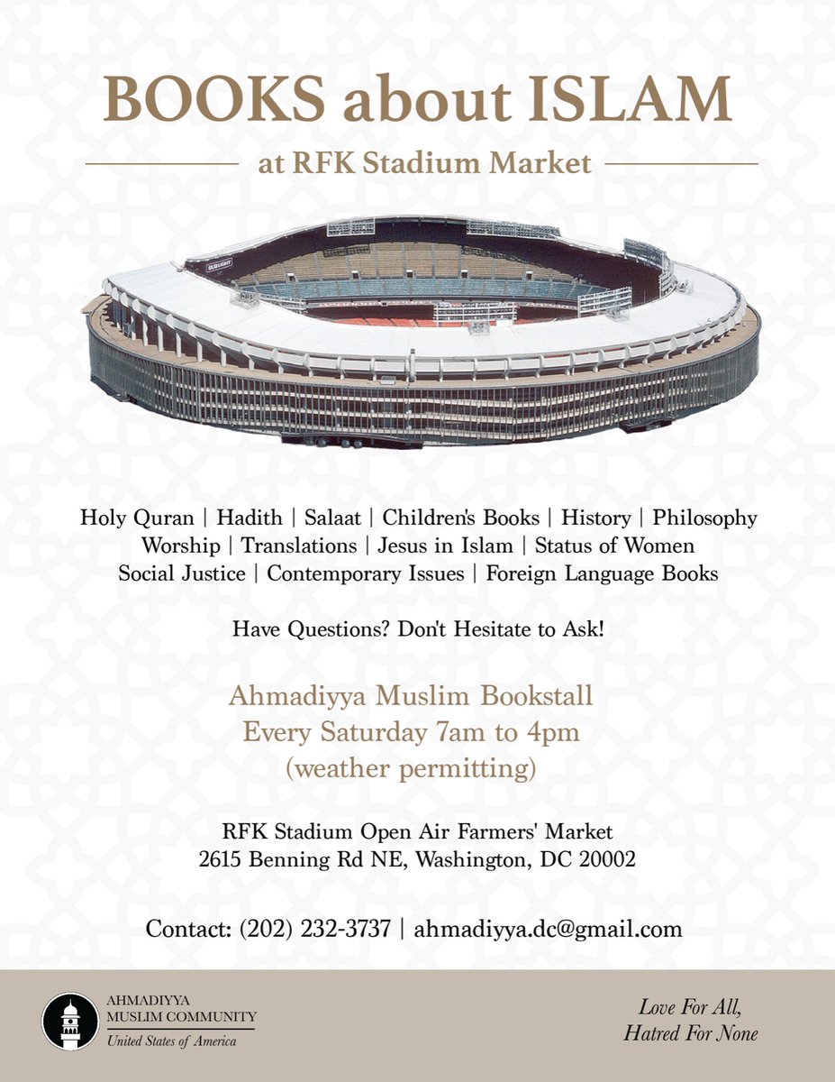 AhmadiyyaDC's tweet photo. #BOOKS about #ISLAM. RFK stadium market bookstall every Saturday 7am to 4pm. Drop by and meet our knowledgeable volunteers. #Ahmadiyya #WashingtonDC https://t.co/7BwOtecwPu