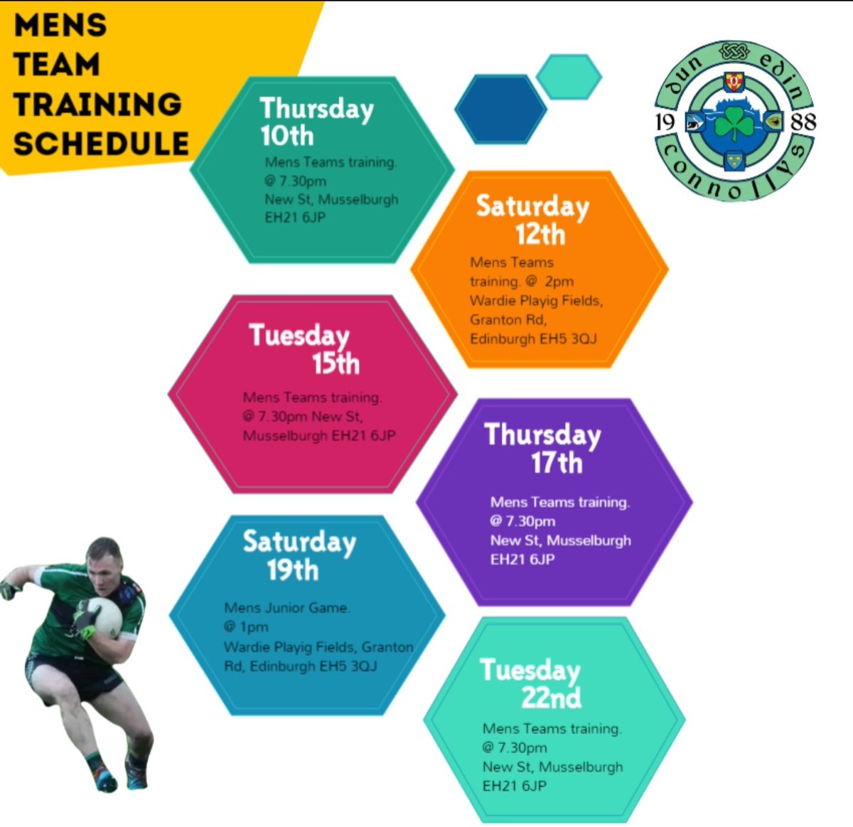 Mens Team Training: 

🔵Thurs 10th @7.30pm New street EH21 6JP

🟢 Sat 12th <a href="/2pm/">Two O'clock</a> Wardie Fields  EH5 3QJ

🔵 Tues 15th @ 7.30pm New street EH21 6JP

🟢 Thurs 17th @7.30pm New street  EH21 6JP

🔵 Sat 19th @ 1pm Wardie Fields  EH5 3QJ

🟢 Tuesday 22nd @ 7.30pm New street  EH21 6JP