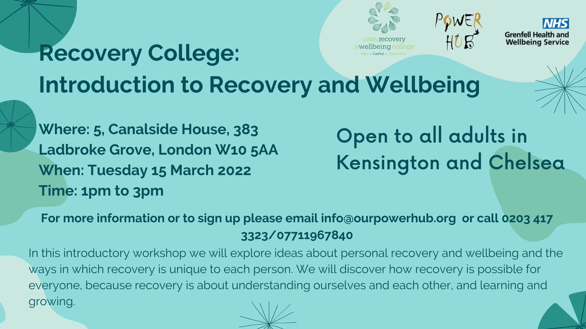 Grenfell NHS News (@grenfellnhs) on Twitter photo Make sure you book in time for next week's wellbeing workshop on Recovery and Wellbeing. Hosted with our partners <a href="/OurPowerHub_/">Our Power Hub CIC</a> #wellbeingworkshop Make sure you book in time for next week's wellbeing workshop on Recovery and Wellbeing. Hosted with our partners <a href="/OurPowerHub_/">Our Power Hub CIC</a> #wellbeingworkshop