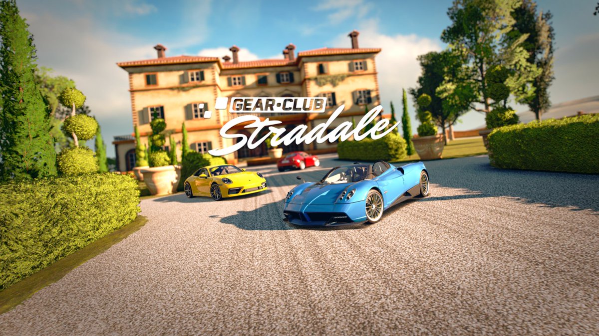 A still image of luxury cars outside of a Tuscany mansion with the Gear.Club Stradale logo centered on the image.