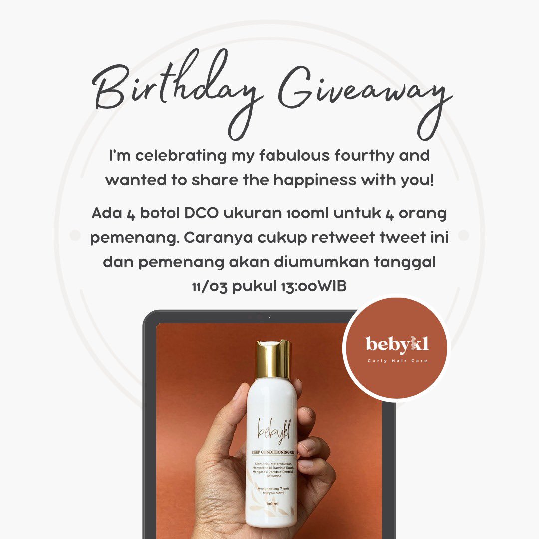 bebykl's tweet photo. 🌸 BIRTHDAY GIVEAWAY 🌸

Untuk ngerayain ultah aku ke 40, aku pengen bagiin 4 botol bebykl DCO 100 ml.

Syaratnya cukup RT twit ini dan harus beneran niat mau ngerawat rambut karena gak bisa instant tapi pasti bisa bagus dan sehat kayak rambutku.
Mau selipin doa juga boleh 😉 https://t.co/gicb49C5oj