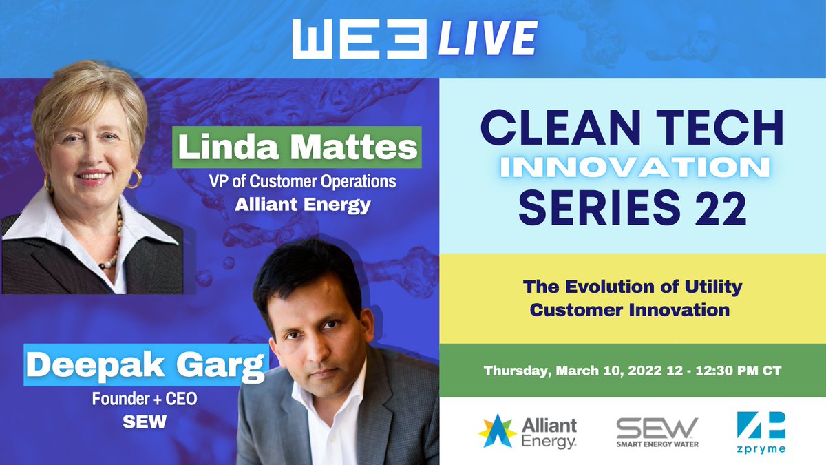 zpryme_research's tweet photo. Join #WE3Live tomorrow at 12PM CST for a conversation with Linda Mattes of @AlliantEnergy discussing The Evolution of Utility Customer Innovation! ⚡️ Register here 💧 https://t.co/J4U59OuOFu
#Utilities #webinarwatch #CleanTech #sustainability https://t.co/4CIcg3q7Zh