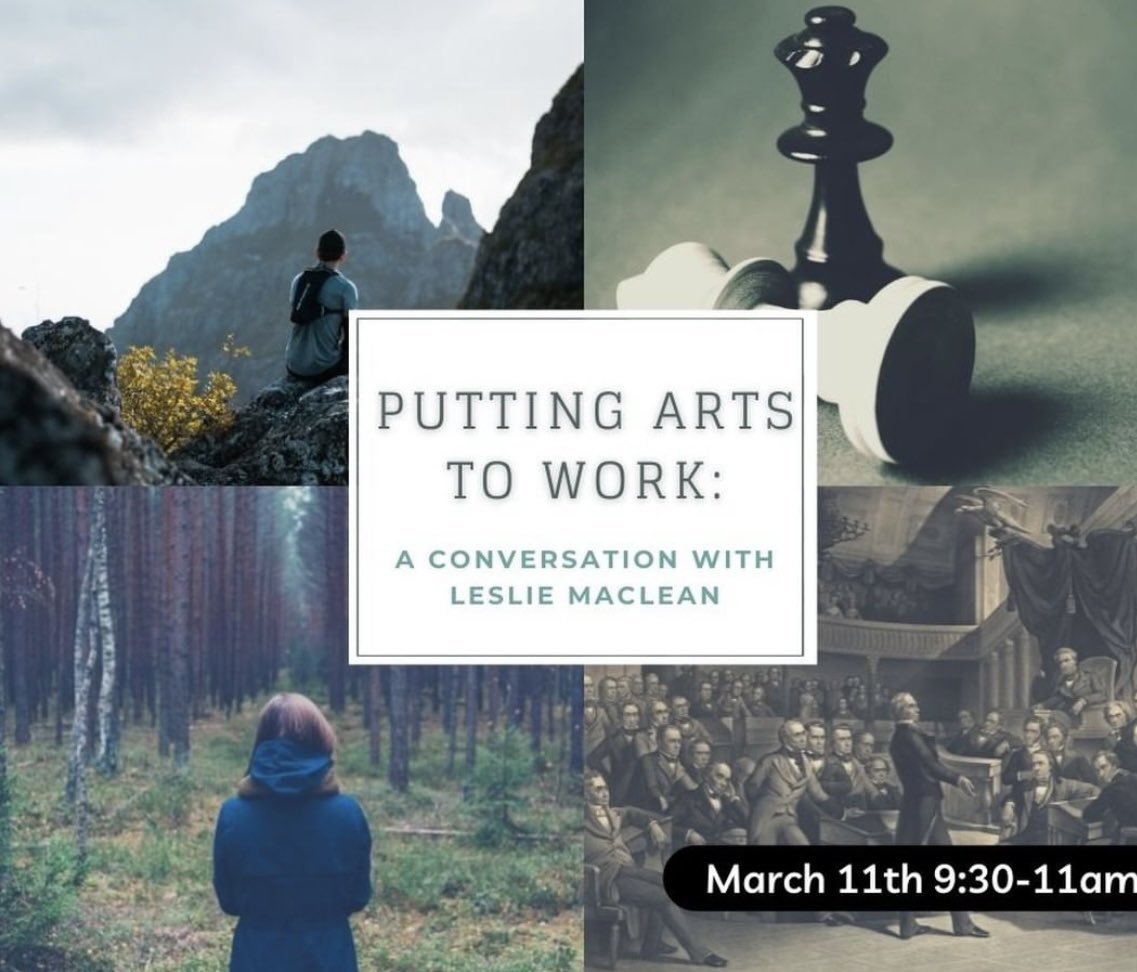 In-Person Class and Meetings Alert!

We're excited to announce ACLC's new Practitioner in Residence Leslie MacLean will be joiningus in-person this Friday, 11 March.
Join ACLC 3060 "Putting Arts to Work" on Friday morning (9:30-10:45am) for a session open to all ACLC
students.