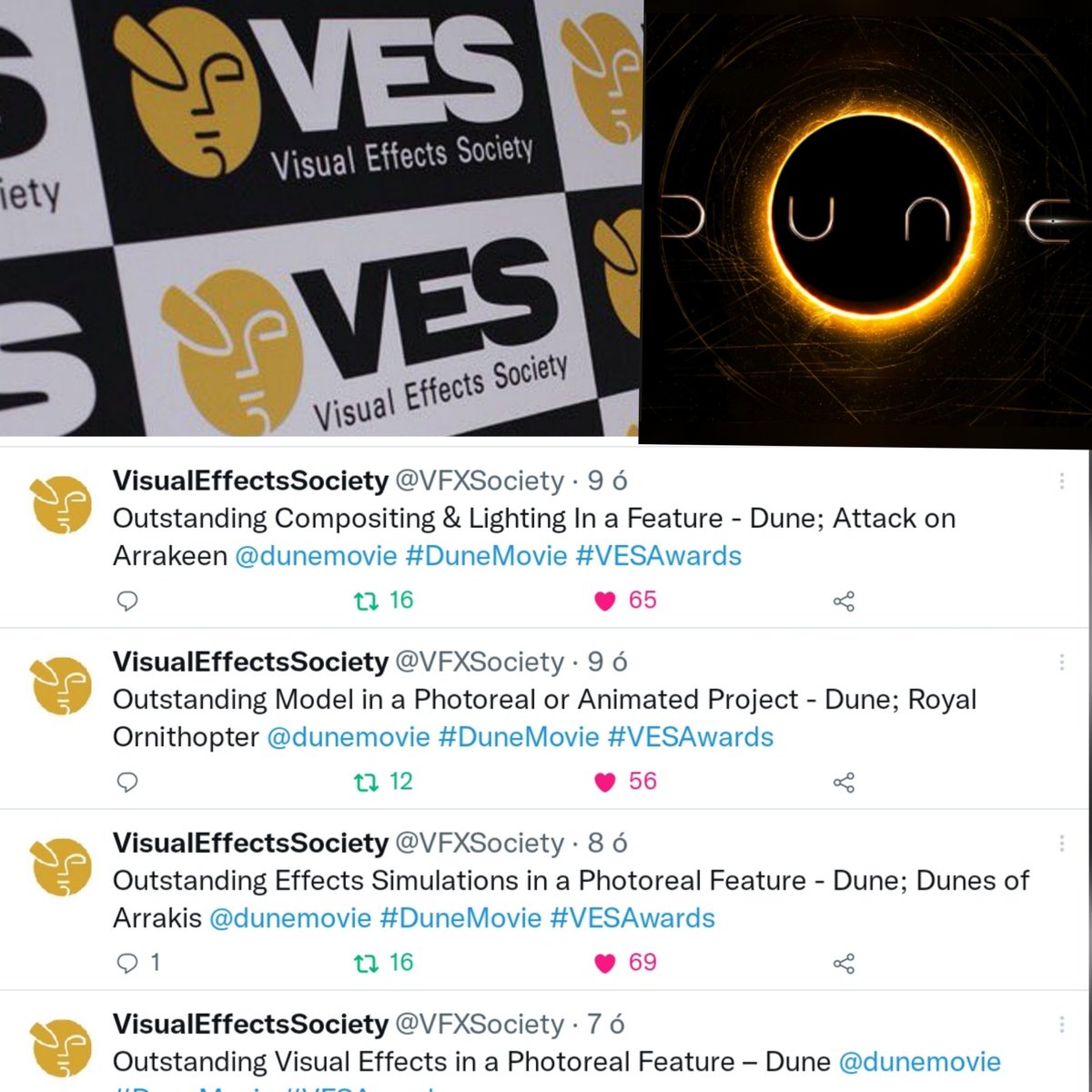 zsuzsanna_virag's tweet photo. #DuneMovie won four awards from Visual Effects Society! Congratulations!
@VFXSociety #PaulLambert #GerdNefzer, #TristanMyles #BrianConnor #BriceParker https://t.co/lp3d7gDQyz