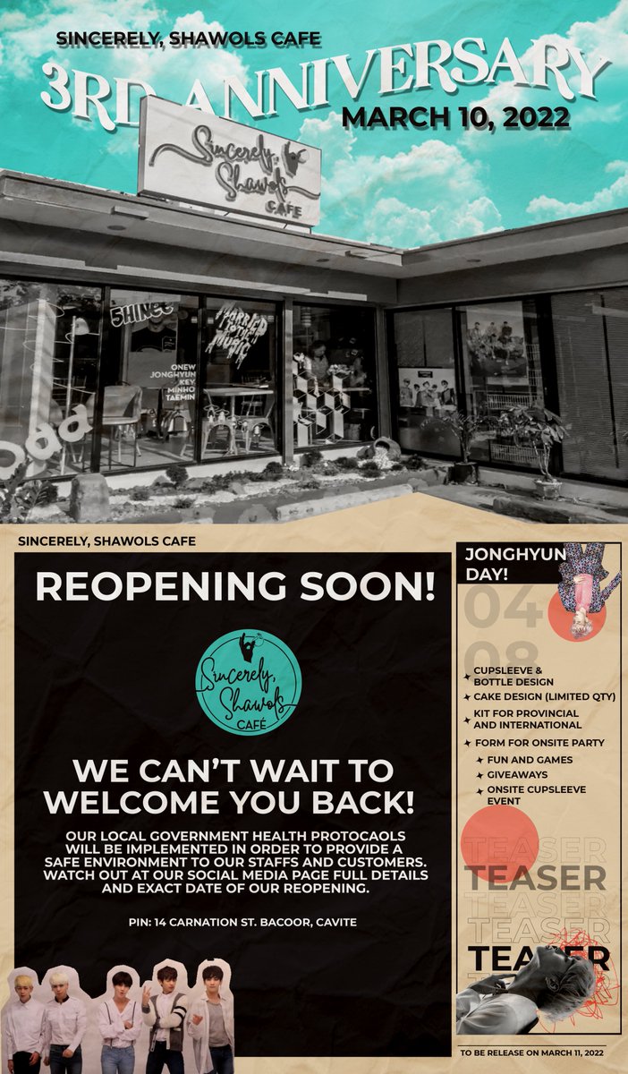 It's been a tough year for all of us, but now that the restrictions are slowly being lifted, SSC is gearing up in announcing its physical store re-opening.

Target Date: April 8, 2022 | Jonghyun's Birthday

See Full Post :facebook.com/SincerelyShawo…

#SSC3RDYEARANNIV #SHAWOLSCAFE