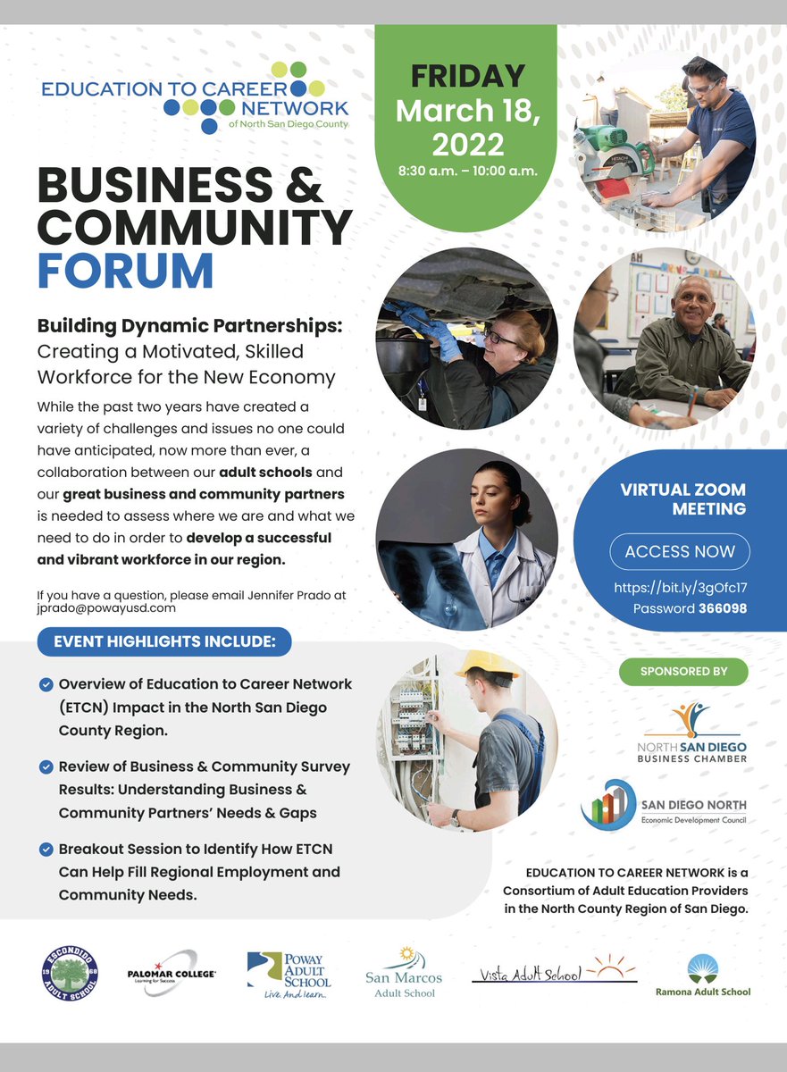 ETCN_SanDiego's tweet photo. Our Business and Community Forum is coming up on March 18th, 2022. We want to work with local businesses and the community to discuss how we can partner with you to support you in training the future workforce to meet your business and community needs. https://t.co/r8mc3S08vi