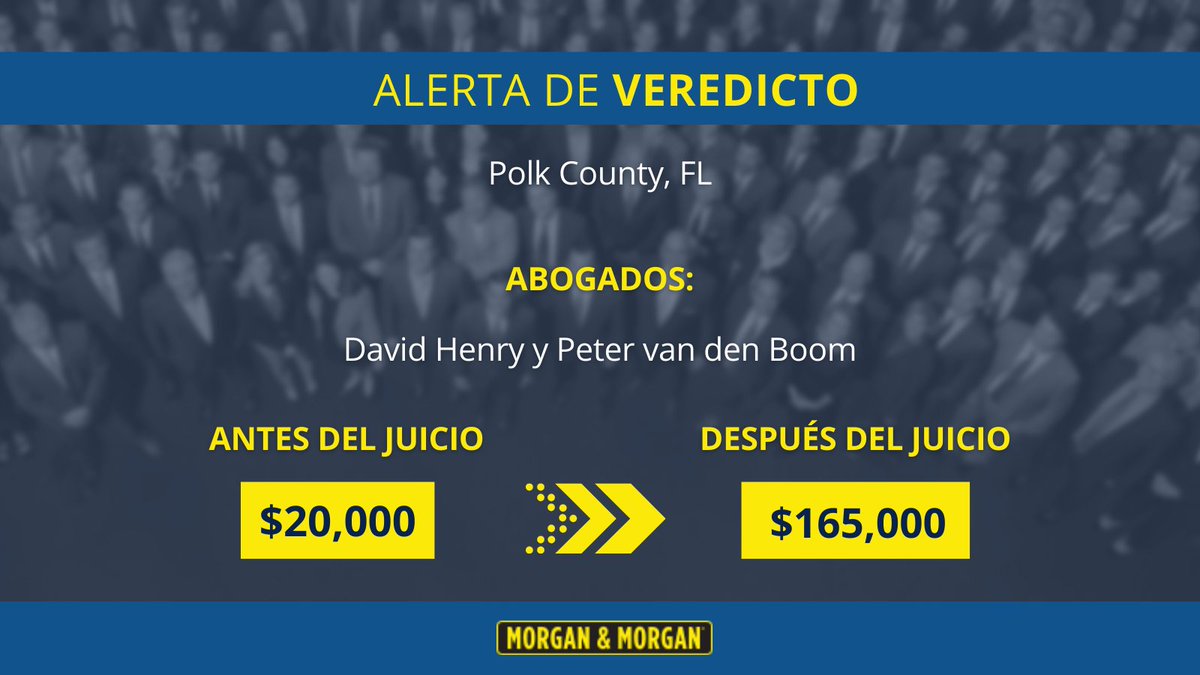 abogados_USA's tweet photo. 🚨 Alerta de Veredicto 🚨 

¡Otra semana, otra #VictoriaMorgan! Nuestros abogados David Henry y Peter van den Boom recibieron un veredicto de $165,000.00 para su cliente. La última oferta de la compañía de seguros era de $20,000!

¡Felicidades por una labor bien hecha!

#Abogados https://t.co/VyOUIq2xo0