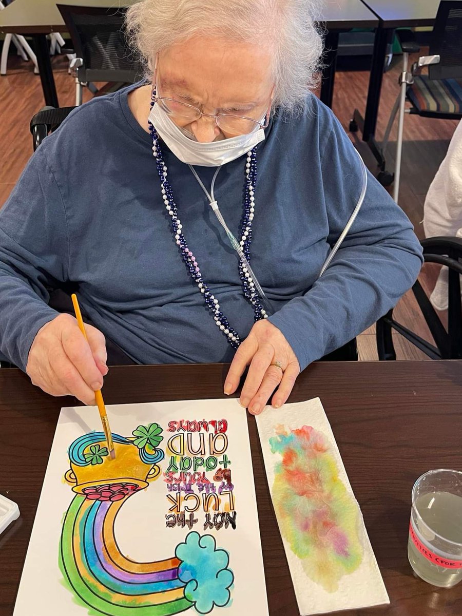 "May the luck of the Irish be yours today and always."
Practicing our watercolor techniques and getting ready to decorate for St. Patrick's Day. We always have fun celebrating every holiday together!
#MillPondHealthCampus #SeniorLiving