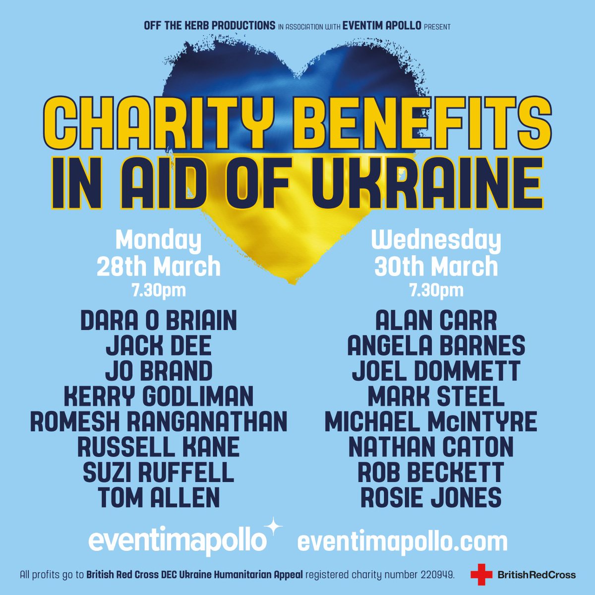 Delighted to announce these two brilliant nights of comedy, organised by <a href="/OffTheKerb/">Off The Kerb</a> in aid of The Ukraine via The Red Cross/DEC, the <a href="/EventimApollo/">Eventim Apollo</a> in Hammersmith! PLease come along!