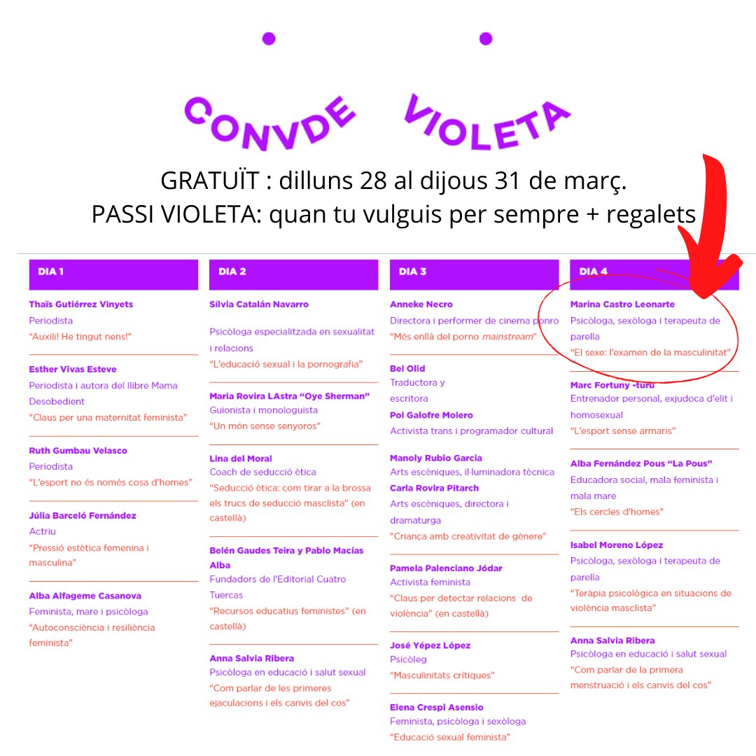 MarinaCastroPsi's tweet photo. En el link us podeu incriure GRATIS i veure-ho en directe o comprar el passi violeta i tenir accés per sempre (juntament amb molts descomptes i regalets)

 https://t.co/E4TqLeLXxu 
#masculinitat #feminisme #convdevioleta #sexologia #cumplir #bonsexe https://t.co/yCZEDpYxnG