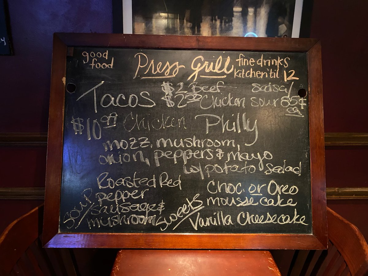 pressgrill's tweet photo. Whether lunch, dinner, or some other mechanism can help improve your day, well, we can help with the first two… TACOS + CHICKEN PHILLY are the specials, and we serve from from lunch UP TO 12 AM. Stop down and eat, or call 298-1014 to order CARRYOUT W/ BEER, WINE + COCKTAILS..! https://t.co/1ZYkxxG2hm