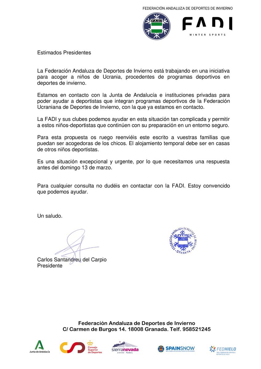 Qué gran iniciativa de <a href="/FadiAndalucia/">FADI</a> para ayudar a que los jóvenes deportistas ucranianos puedan seguir completando su formación. Propuestas como esta son muy necesarias en en estos momentos tan difíciles #Fadi #WinterSports