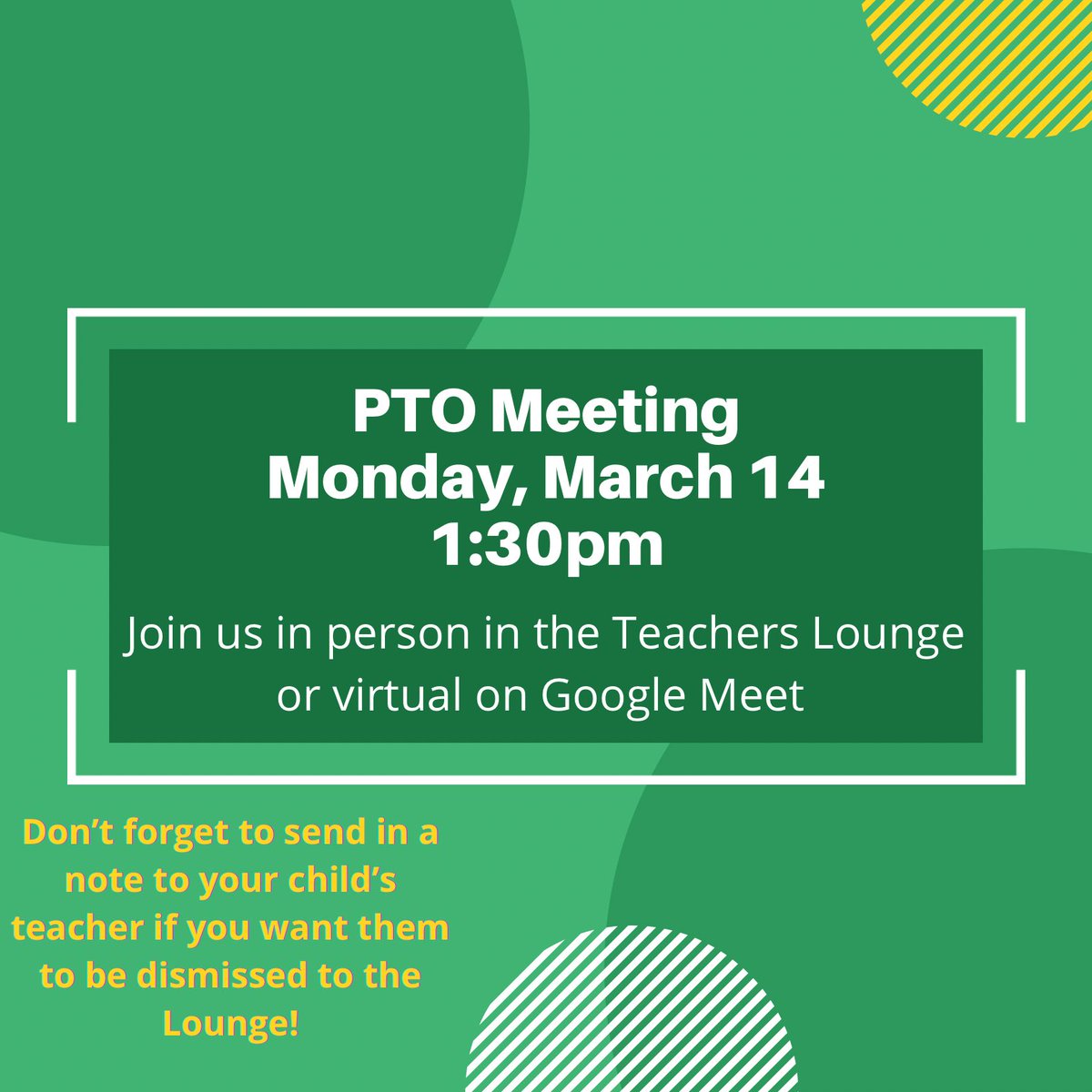 Save the Date!

Our next PTO meeting is Monday, March 14th at 1:30. Hope to see you there!