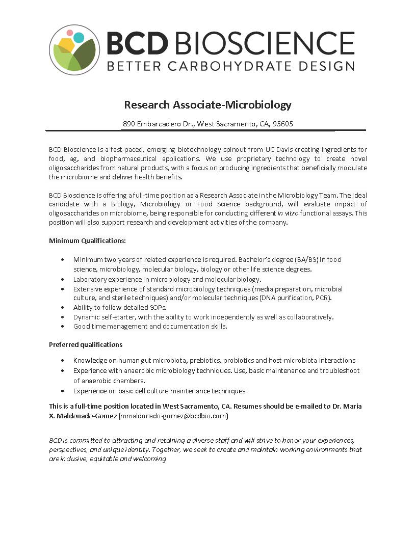 BCD BioScience in Sacramento is looking for a Research Associate for their microbiology group.
This is a great opportunity for a recent graduate. Learn more here: bcdbio.com/researchassoci…