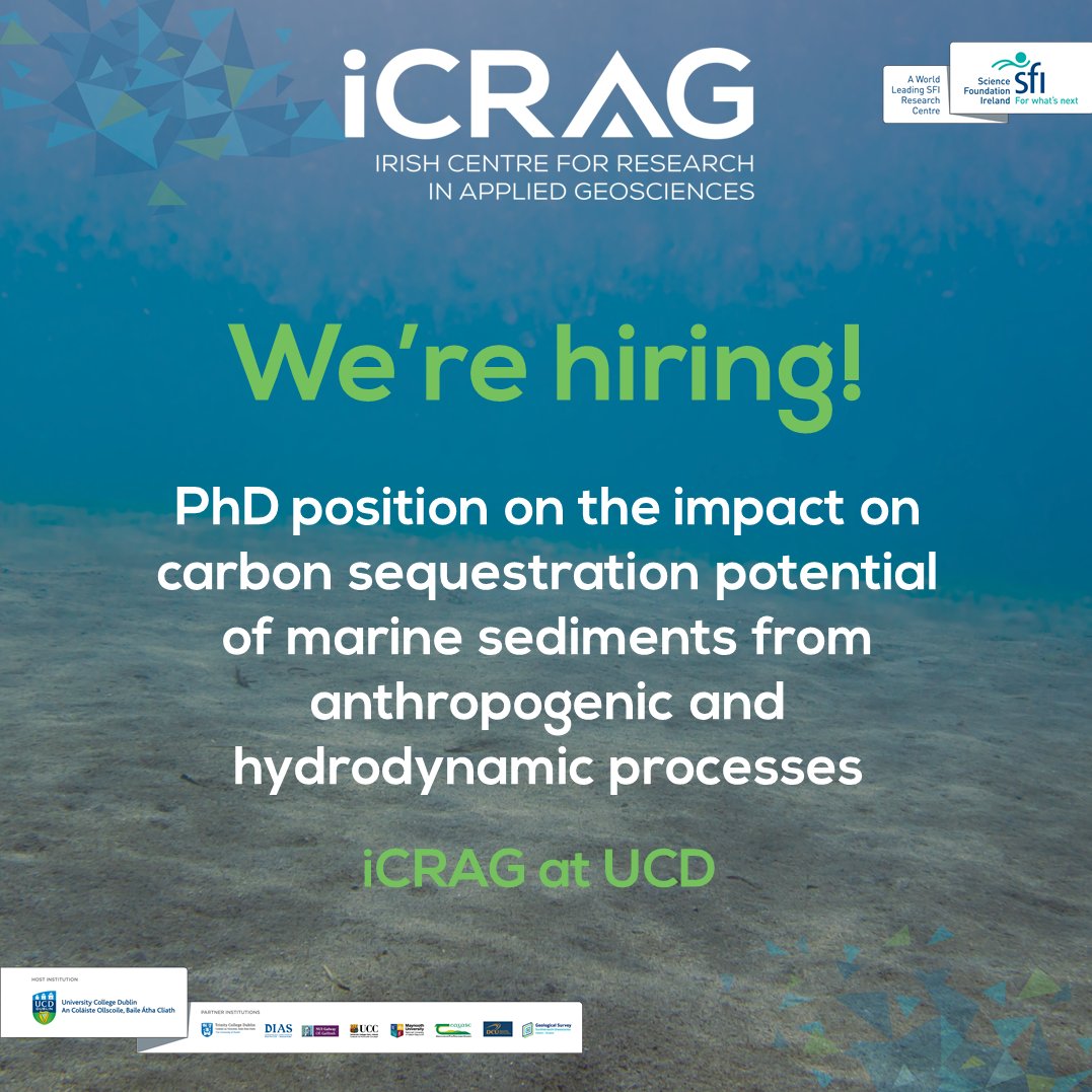 We're hiring! #PhD position on the impact on #carbon #sequestration potential of #marine sediments from #anthropogenic and #hydrodynamic processes with <a href="/DrMarkyC/">Mark Coughlan</a> and Prof. Mike Long based in <a href="/ucddublin/">University College Dublin</a>. Details: icrag-centre.org/about-us/vacan… #phdlife #phdchat