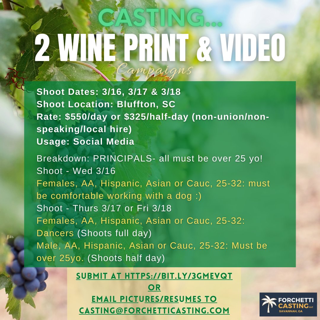 savannahcasting's tweet photo. CASTING for two Wine Social Media Campaigns shooting next week in Bluffton, SC. PAID (non-union/non-speaking). Go to https://t.co/aWG9uc1IXd to register! https://t.co/i43NkF81bo