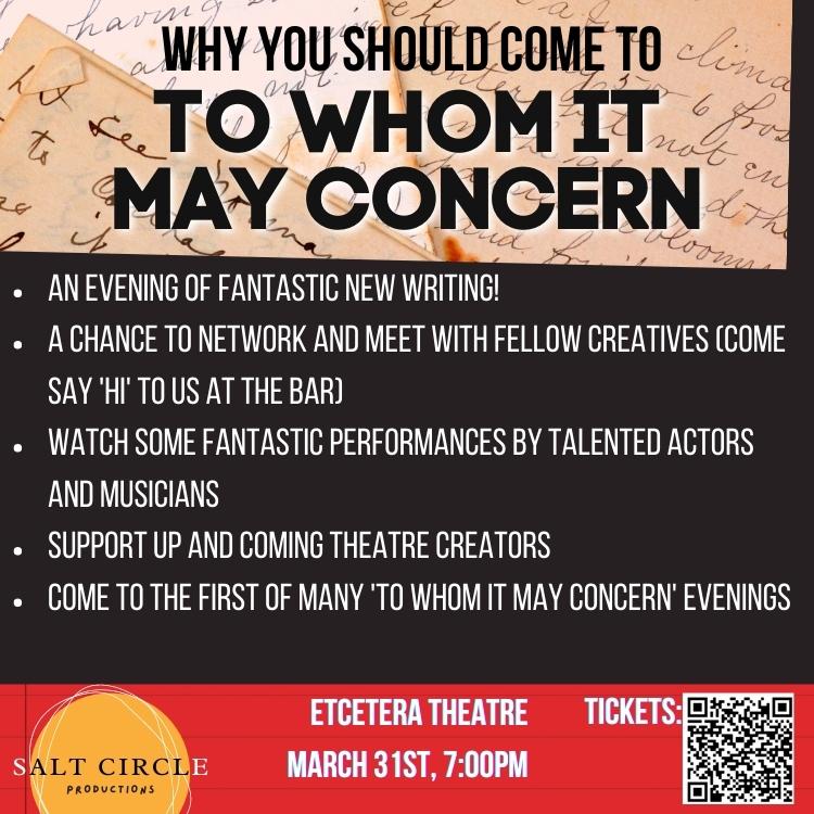 saltcircleprod's tweet photo. Why you should come to 'To Whom It May Concern' (assuming you haven't already bought your tickets) 😉
.
.
.
#newwriting #londontheatre #theatrenetworking #writernetworking #actornetworking #londontheatreactors https://t.co/3nhB439tSr