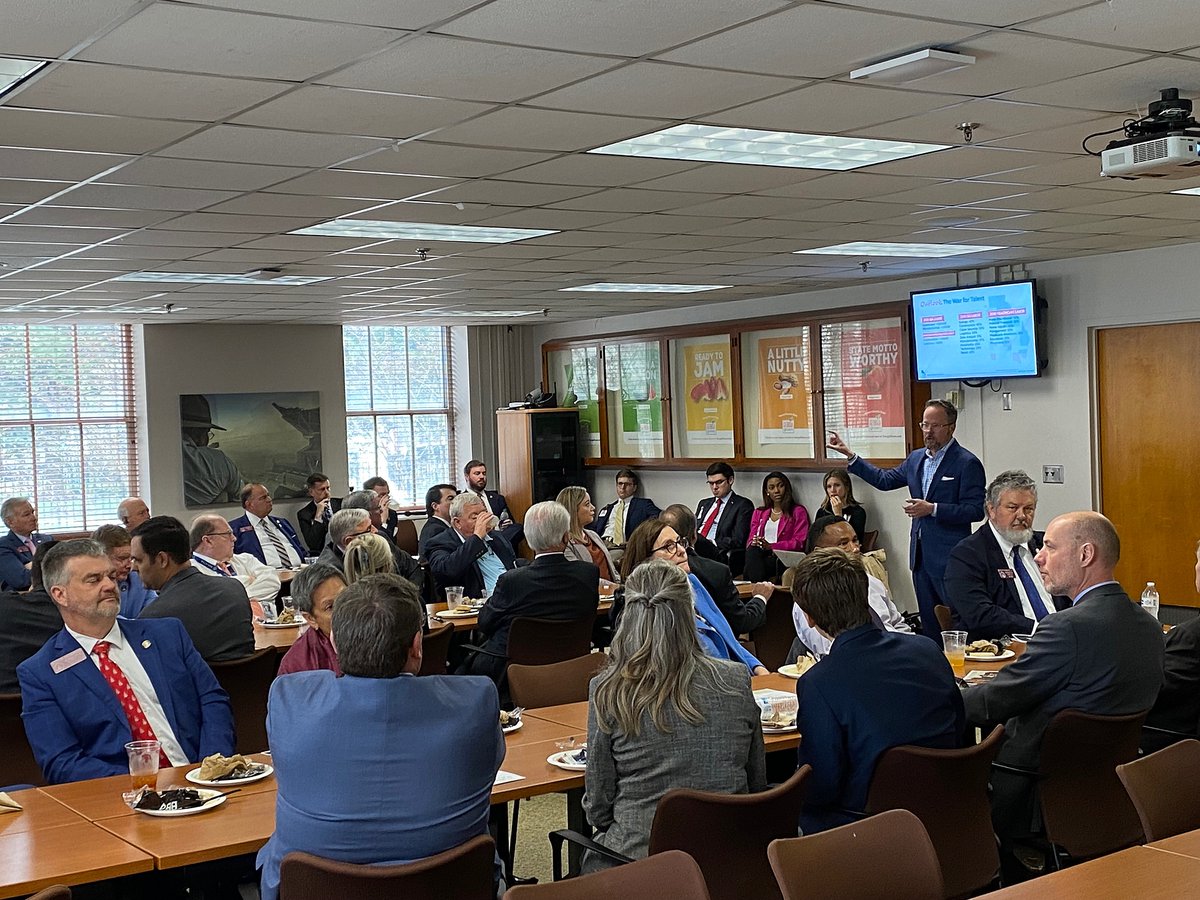 GAChamber's tweet photo. Georgia Chamber President & CEO Chris Clark speaking to the Georgia Rural Caucus during lunch at the Capitol. It's time to win the war for talent and level up rural infrastructure! #gapol #RuralGA https://t.co/wLgLxr0M1D