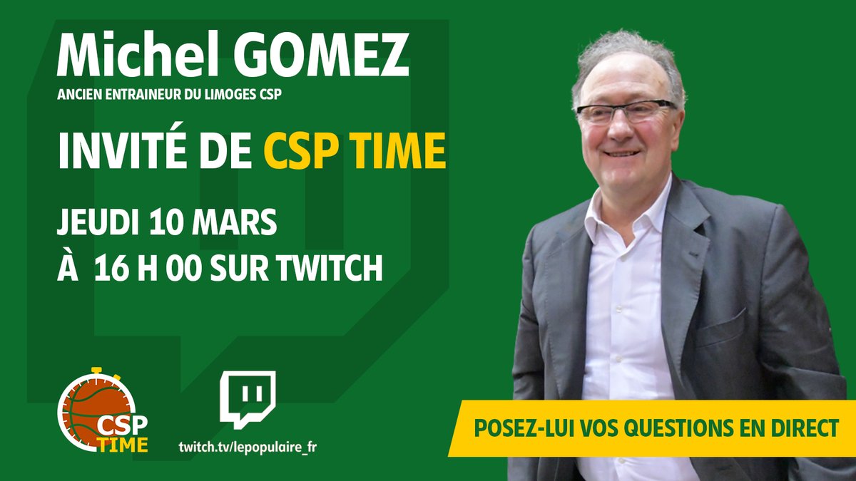 LePopu_sports's tweet photo. 🏀📺 [Rendez-vous] L'ancien coach du @limogescsp Michel Gomez sera l'invité de #CSPtime jeudi 10 mars à partir de 16 heures sur notre chaîne Twitch.

👉 https://t.co/yQWAxS0biN

#Basketball #Limoges #BetclicElite #CSPnation https://t.co/5zXvuzvcZ2