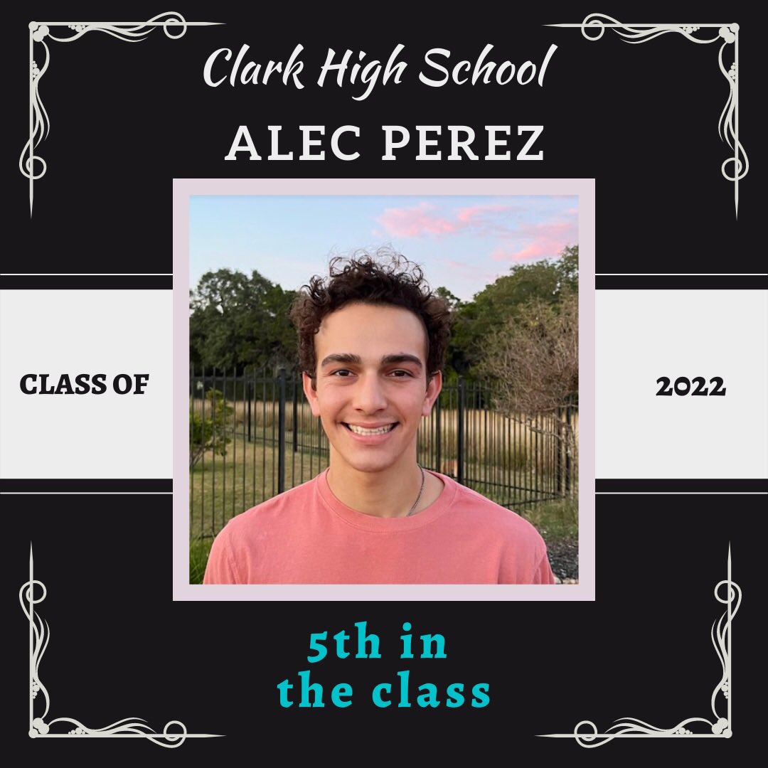 NISDClark's tweet photo. Big #ClarkTexas congratulations to Alec Perez who earned a TopTen spot in our Senior class this year! In addition to his hard work in class, he’s a member of our boys basketball team, @clark_nhs &amp;volunteers w/ @SASO_SanAntonio! So #ClarkProud of all your hard work, Alec! 🙌🏼🥳🐾🎓 https://t.co/46cPIeQXPi