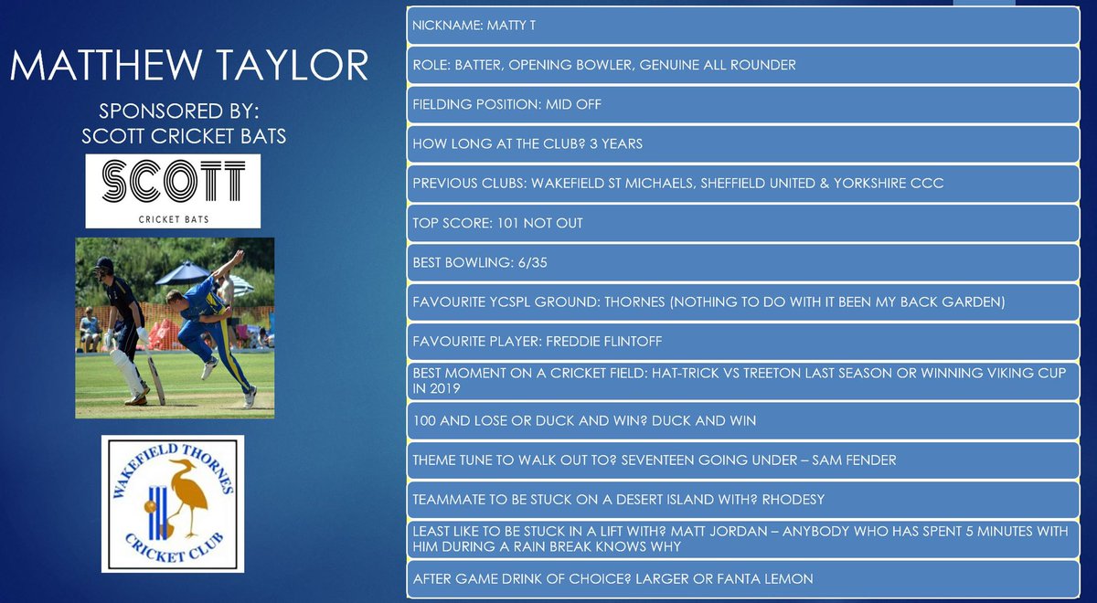 ThornesCC's tweet photo. Next up for the player profiles is 1st team opening bowler and mid order batter @MTaylor_97. Matty is kindly sponsored by our very own bat manufacturer Scott Cricket. Big thank you to @Scottcricketbat for the sponsorship. https://t.co/BxFNcqxwrm