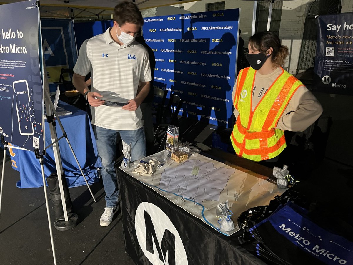 ArellanoAssoc's tweet photo. Our Metro Micro Team was thrilled to share info about the new rideshare service to the @UCLA 🐻 community last week. The #UCLAFirstThursday event in Westwood was the perfect place to engage with the community. To find a Metro Micro near you, visit https://t.co/prBZRpzFBu! https://t.co/kfJ6xrwEdx