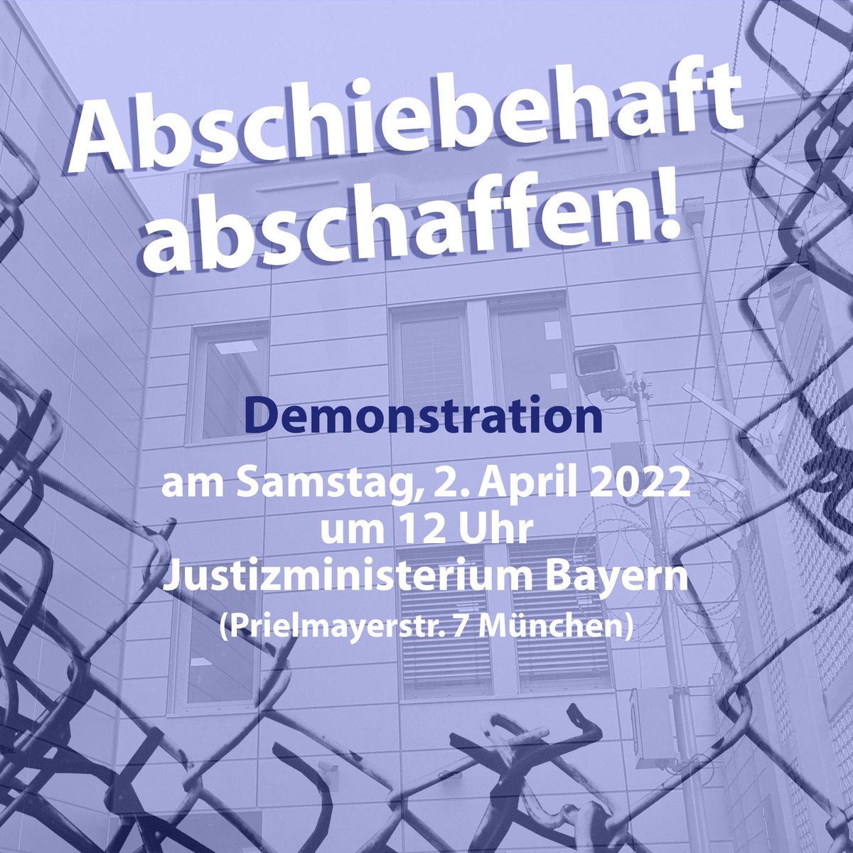 +++ 02.04.: Abschiebehaft abschaffen! +++

Bayernweites antirassistisches Bündnis ruft zu Demonstration in München auf.

Bayern baut weiter Knäste – und zwar fleißig. Durch die geplante Vervierfachung der Abschiebehaftplätze von 2021 bis 2025 profiliert sich Bayern einmal

(1/4)