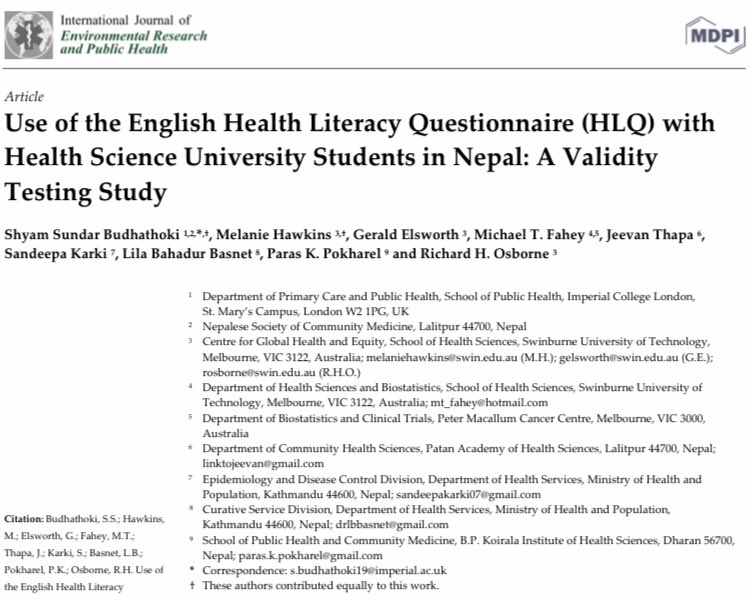 Shyam S Budhathoki 👍🏼 (@shyamsubu) on Twitter photo Our paper on Validating the Use of English #HealthLiteracy Questionnaire (HLQ) among Nepalese Students using #Standards framework. <a href="/RichardOsborne4/">Professor Richard H Osborne</a> <a href="/4MelanieHawkins/">Melanie Hawkins</a> <a href="/Swinburne_HP/">Swinburne HP</a> <a href="/nastikxy/">LB Basnet</a> <a href="/thapajeewann/">Jeevan Thapa</a> <a href="/SandeepaKarki/">Sandeepa Karki</a> <a href="/Paras21K/">Paras K.Pokharel</a> mdpi.com/1535418 #mdpiijerph via <a href="/IJERPH_MDPI/">IJERPH</a> Our paper on Validating the Use of English #HealthLiteracy Questionnaire (HLQ) among Nepalese Students using #Standards framework. <a href="/RichardOsborne4/">Professor Richard H Osborne</a> <a href="/4MelanieHawkins/">Melanie Hawkins</a> <a href="/Swinburne_HP/">Swinburne HP</a> <a href="/nastikxy/">LB Basnet</a> <a href="/thapajeewann/">Jeevan Thapa</a> <a href="/SandeepaKarki/">Sandeepa Karki</a> <a href="/Paras21K/">Paras K.Pokharel</a> mdpi.com/1535418 #mdpiijerph via <a href="/IJERPH_MDPI/">IJERPH</a>