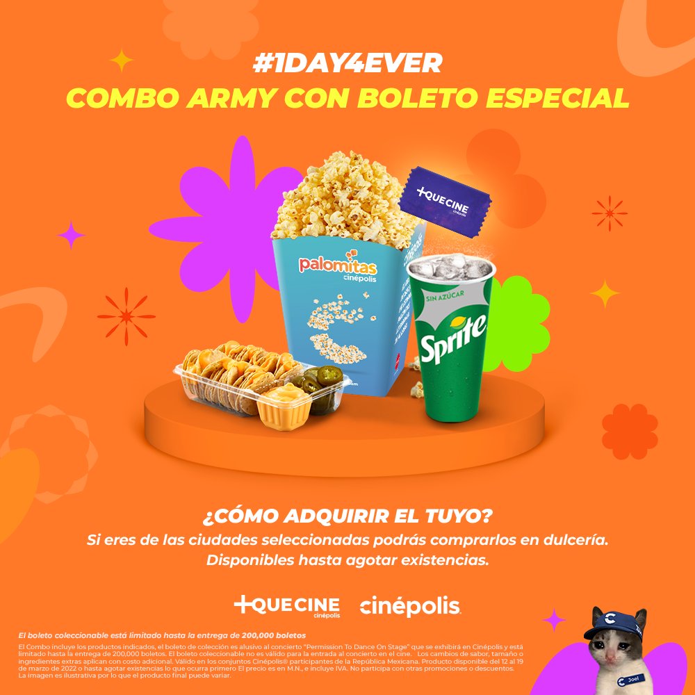 🤩Nunca había visto tantas cosas hermosas juntas💜
Porque ustedes lo pidieron tendremos combo #ARMY que incluye un boleto conmemorativo de PTD de regalo.🍿🎟🥤✨
Disponible el 12 de marzo en cines seleccionados.
#1DAY4EVER