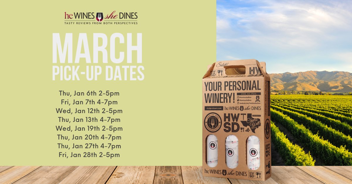 hewinesshedines's tweet image. New month, new wines. We're stocking up. Mark these dates on your calendars to pick up your box for March! ow.ly/Zkom50Ifeqp #HeWinesSheDines #NewWines #WineBoxes