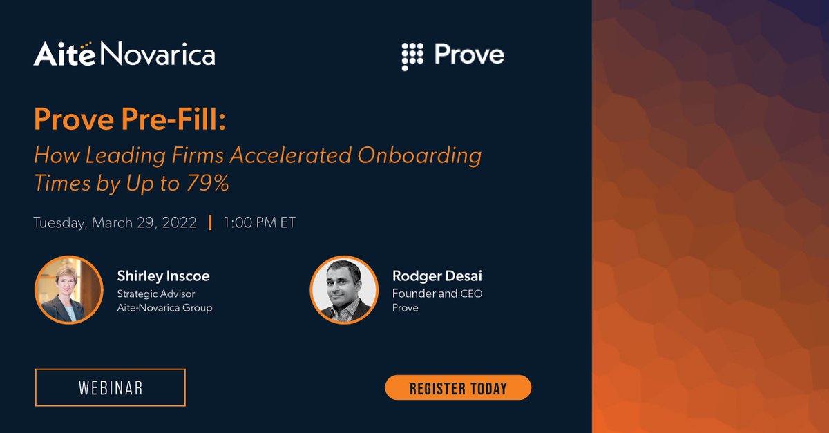DatosInsights's tweet photo. Join @AiteNovarica Strategic Advisor Shirley Inscoe and Prove Founder and CEO Rodger Desai on March 29 at 1:00 pm ET to learn more about how Prove’s Pre-Fill product can improve the customer experience and improve operational results. Register now: https://t.co/gG7qXWeKWR https://t.co/hbYKERI91T