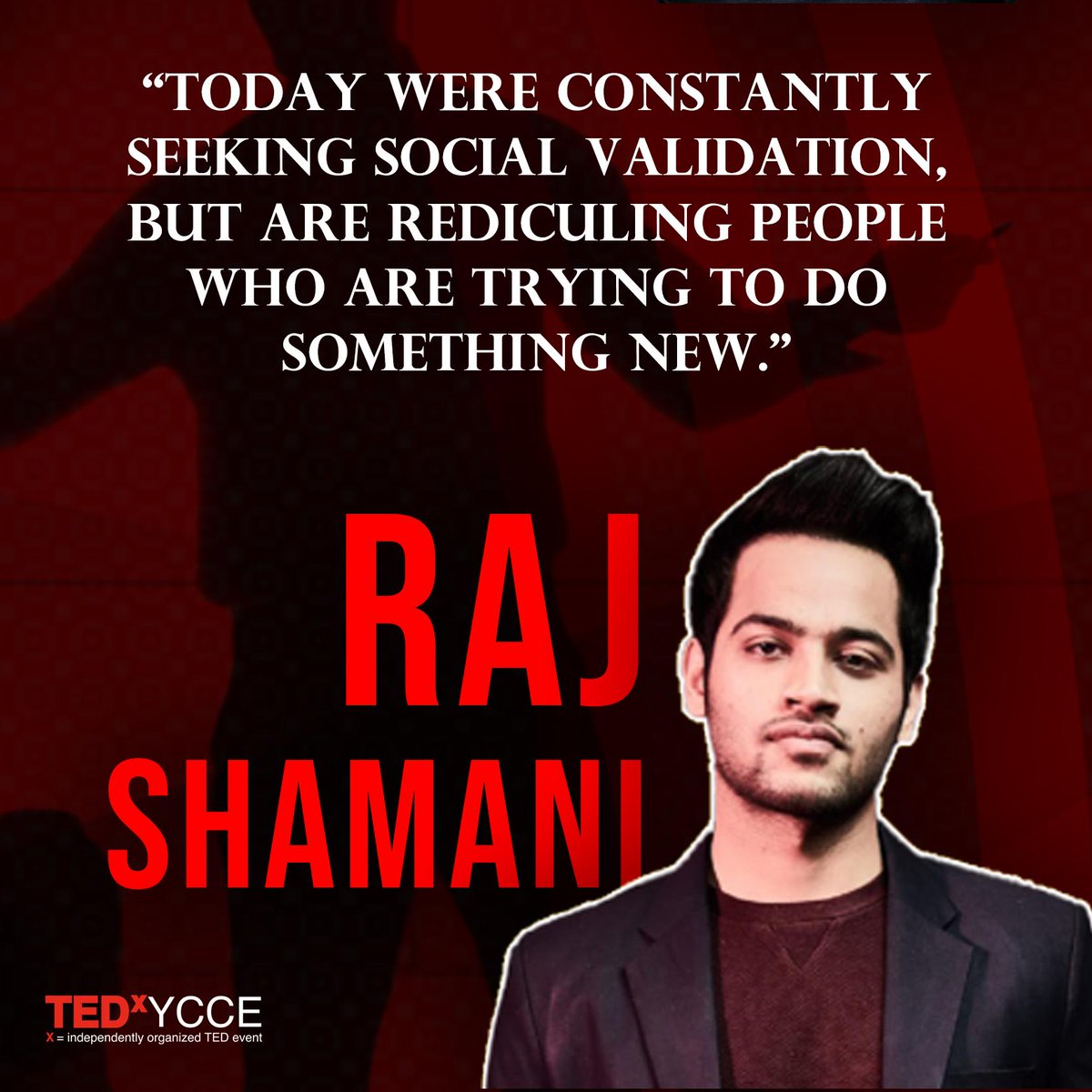 tedxycce's tweet photo. "𝚃𝙾𝙳𝙰𝚈 𝚆𝙴𝚁𝙴 𝙲𝙾𝙽𝚂𝚃𝙰𝙽𝚃𝙻𝚈 𝚂𝙴𝙴𝙺𝙸𝙽𝙶 𝚂𝙾𝙲𝙸𝙰𝙻 𝚅𝙰𝙻𝙸𝙳𝙰𝚃𝙸𝙾𝙽, 𝙱𝚄𝚃 𝙰𝚁𝙴 𝚁𝙴𝙳𝙸𝙲𝚄𝙻𝙸𝙽𝙶 𝙿𝙴𝙾𝙿𝙻𝙴 𝚆𝙷𝙾 𝙰𝚁𝙴 𝚃𝚁𝚈𝙸𝙽𝙶 𝚃𝙾 𝙳𝙾 𝚂𝙾𝙼𝙴𝚃𝙷𝙸𝙽𝙶 𝙽𝙴𝚆."
~ 𝚁𝙰𝙹 𝚂𝙷𝙰𝙼𝙰𝙽𝙸

#tedxycce #ted #tedx #tedtalk  #voicesontheverg https://t.co/YleW2rIu3s