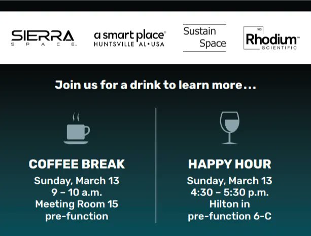 asmartplace's tweet photo. 📢Attention #SXSW atteendees: Join us for our #Microgravity panel, or connect at our Coffee Break or Happy Hour to learn more about the opportunities in Huntsville. We can't wait to see you there! #SXSW2022 #RandD https://t.co/Jj6wE2MoSz