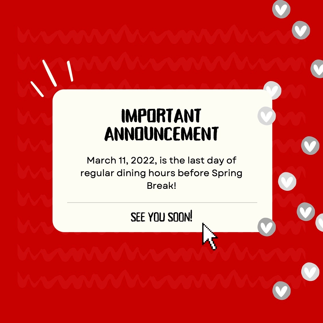 ttusuccess's tweet photo. This Friday! Check each dining location for modified hours. Normal hours will resume Monday, March 21st. https://t.co/UrblSyjLje