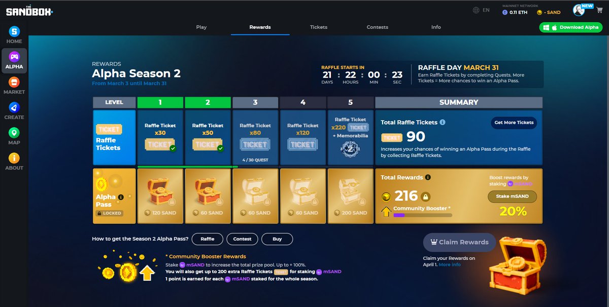 Masterole123's tweet photo. @TheSandboxGame I just participated in the daily #SandboxAlphaS2Contest for a chance to earn up to 1,000 $SAND! Starting March 9 -  Show your Raffle Tickets. Check out my screenshot below! 👇 #SandboxAlphaS2 https://t.co/SZtEbpYyDP