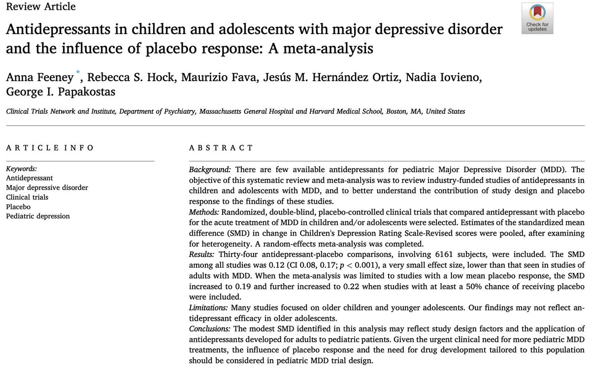 New meta-analysis (total n = 6,161) of antidepressants for children and adolescents w/ depression shows a very small average difference between meds and placebo (standardized mean difference = .12) tinyurl.com/2p87pdrb