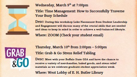 Don't forget to join us tonight at 7pm for our next presentation during Graduate Student Appreciation Week. Luke Haumesser of Student Leadership and Engagement will discuss some of the most effective ways to manage your busy schedule. :)