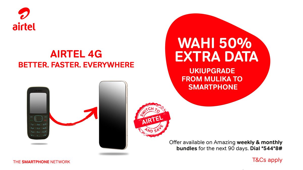 JohnKirutu's tweet photo. Enjoy 50% extra data once you upgrade  from Mulika to  a smartphone on Airtel Network.Dial *544*8# everytime you buy either daily,weekly or monthly amazing bundles for the next 90 days @AIRTEL_KE.Form ni Airtel🔥🔥
#UpgradeNaAirtel4G https://t.co/yZAAmIiCV7 https://t.co/tiRof95ZLJ