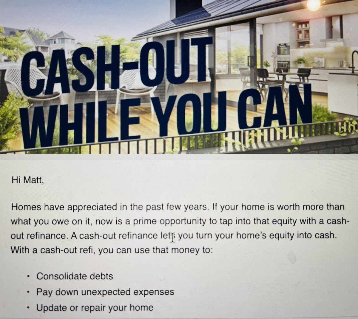 ME_Realty's tweet photo. Be careful about the “cash-out” refinance; taking your equity out today could possibly mean you’re “upside down” if the market takes a dip.   #RealEstate #SoldWithME https://t.co/8tX5Dm5Z7z