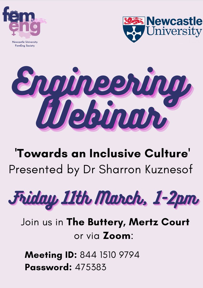 Engineering talk happening this Friday on Inclusive Cultures by Dr Sharron Kuznesof for Newcastle Uni students! Come join us in The Buttery in person, or via Zoom using your NCL email address.